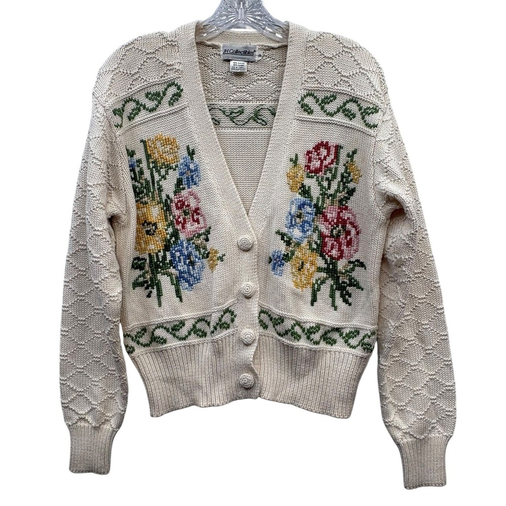 Vintage Floral Knit Cardigan Cottagecore Grannycore Button Front Sweater S